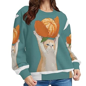 Amazon | [JYH] 丸首のセーター 面白い ネコ 猫柄 みかん